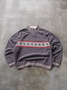 Vintage 90s Grey Tommy Hilfiger Nordic Quarter Zip Fleece Sweatshirt (2XL)