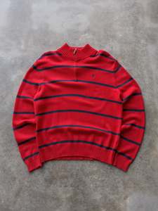 Vintage 00s Red Striped Polo Ralph Lauren Quarter Zip Knit (L)