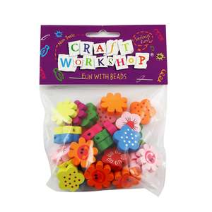 Threading Materials: Wooden Craft Beads Assorted Flowers 32pc - Craft Workshop