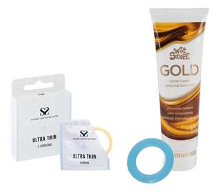 Sex Toys For Couples: Share Satisfaction Ultra Thin 3 Pack Condoms, Wet Stuff Gold & Cock Ring Bundle