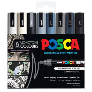 Rock Art Painting Supplies: Uni Posca Marker 1.8-2.5mm Med Bullet 8 Pack Monotone Colours PC-5M