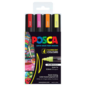 Posca Marker 1.8-2.5mm Med Bullet 4 Pack Fluoro PC-5M