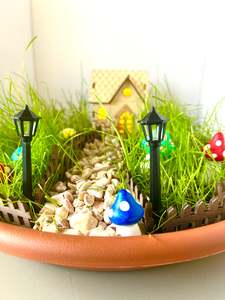Fairy Garden Base Saucer/Grass/Gravel/LED House/Fairy's DIY Kit