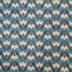 Linen Cotton Fabric: Rinkai Teal Flowers