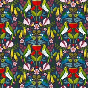 Kiwiana Fabric 1: Folk Tails - Birds Navy