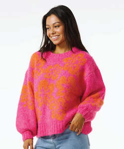 Womens Knitwear Jumpers: Rip Curl Hibiscus Heat Jacquard Crew - Hot Pink