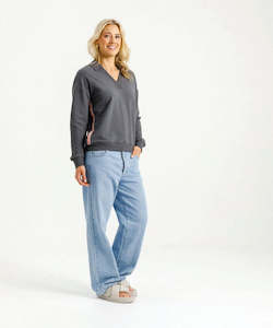 Womens Hoodies Sweatshirts: Homelee Camilla Collar Crew - Graphite Blossom Velvet