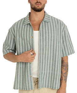 Mens Shirts: Rhythm Butcher Stripe Relaxed SS Shirt - Teal