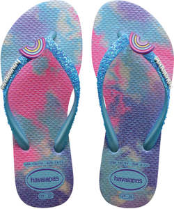 Girls Boys Jandals: Havaianas Kids Slim Glitter II 1022 - White Blue Water