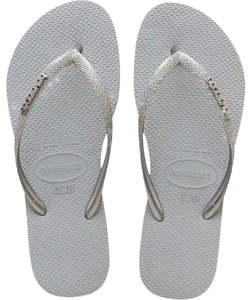 Womens Jandals Sandals Sliders: Havaianas Slim Glitter Logo Metallic Women's Jandal - Steel Grey