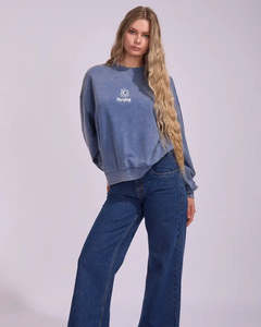 Womens Hoodies Sweatshirts: Rhythm Salt Wash Crew Neck Fleece - Indigo