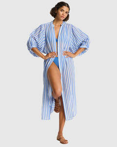 Womens Swimwear: Sea Level Vacay Boho Long Shirt Dress - Chambray