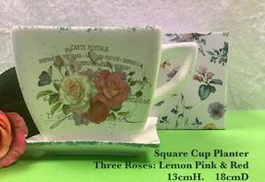 JGB - Square Cup Planter with Saucer 3 Roses: Lemon Pink Red