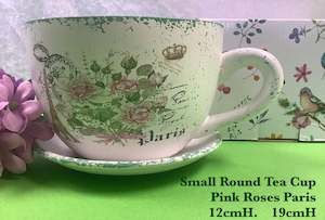 Gifts Decor: JGB - Small Round Cup Planter with Saucer Pink Roses Paris