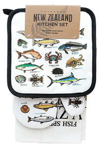 All Gifts: NZ Potholder, Oven Glove & Tea Towel Set - Fish of NZ