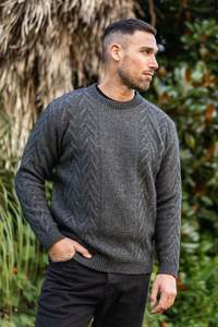 Mens Jumpers: Aran Pattern Crew Neck Possum Merino Jumper