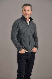 Mens Jackets: Leather Trim Possum Merino Rib Zip Jacket