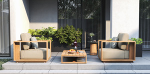 Briar Teak Outdoor Low Armchair with Sunbrella Cast Silver Cushions