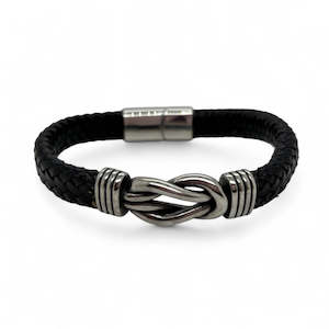 Revolution: Black Leather & Steel Sailing Knot Bracelet.