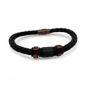 Black Leather Bracelet & Steel Bronze-Coloured & Black Features.