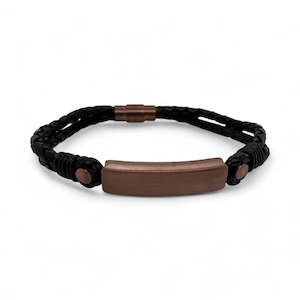 Black plaited leather bracelet with bronze-coloured panel and safety clasp.