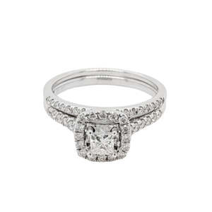 Diamond Rings: 9k White Gold Cushion Halo Bridal Set | TDW 0.60ct