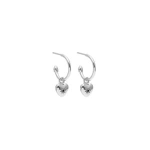Silk & Steel Petite Puffed Heart Hoop Earrings Black Diamond + Silver
