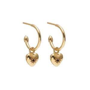 Silk & Steel Petite Puffed Heart Hoop Earrings Black Diamond + Gold