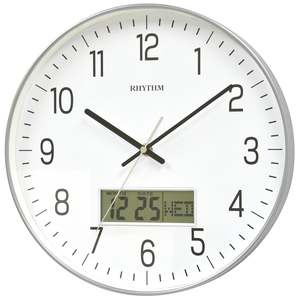 Rhythm Wall Clock 30.5cm – LCD Calendar Metallic Silver