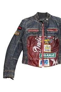 Jackets: #231 Italian Miss Sixty graphic denim biker jacket (comes with matching pants) | c. 158 | size 10