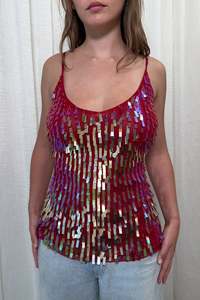 #20 Conos Holographic Sequin Mesh Camisole Top Red | c. 172 | Size 12/14