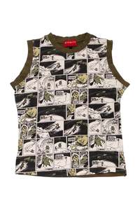 Baby Tees: #103 Nikita Sleeveless Graphic T-shirt / Tank Top Olive Green And Black On Off-white | c. 174 | Size 10