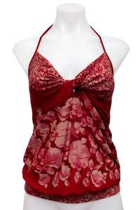 Top Picks: #32 Mag Suit Halter Top / Camisole Deep Red With Pink Floral Print | c. 174 | Size 8