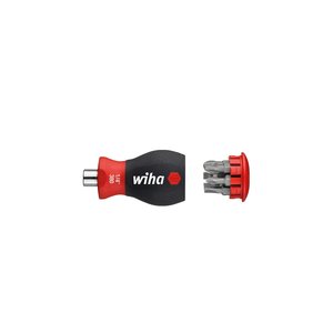 Wiha Screwdriver with bit magazine magnetic Phillips / Slotted with 6 Bits, Stubby, 1/4″