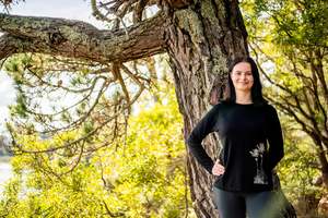 Black Merino Scoop Neck Ladies Tee Shirt - Long Sleeve - Nikau Palm design