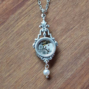 SP SILVER Ornate Art Deco Window Pendant with Timepiece and Pearl