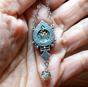 Ornate Window Pendant with Timepiece and Pearl