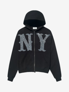 Prior NY Rhinestone Logo Oversized Cropped Zip Up Hoodie Onyx
