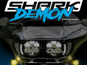Headlights Black: Shark Demon 2 Performance LED Headlight Kit - White & White. Fits Road Glide 2015-2023 - Custom Dynamics