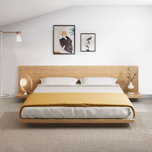 Bed Frames: Masa Japanese Bed Base with Headboard , Queen, Oak