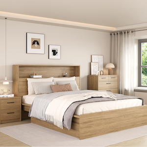 Platsa Bedframe With Hidden Storage, Queen, Grey Oak
