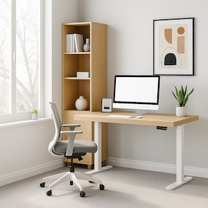 Office Desks: Edge Electric Standing Desk, 1.6M, with Charger, Diamond Wood/White Leg