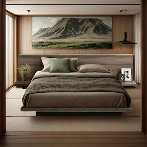 Bedroom Furniture: Masa Japanese Bed Base Super King with Headboard +2 Bedside Tables – Slate Grey Walnut (3pcs Set)