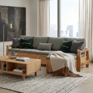 Remini 4 Seater Solidwood Sofa with Ottoman, Green