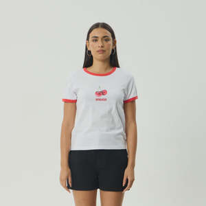 Afends Abiza Recycled Ringer Tee - White/Tomato