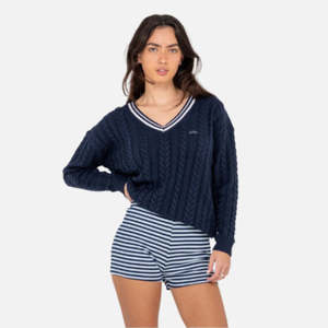 Womens Knitwear: Rusty Oxford Oversized V Neck Knit - Navy