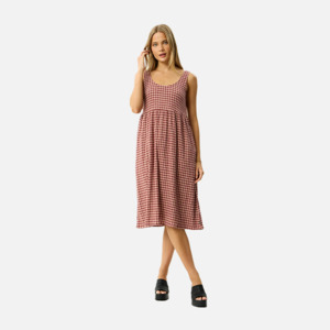 Afends Capricorn Hemp Seersucker Midi Dress - Burgundy/Beige Check