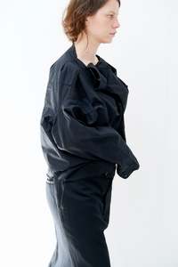 Fashion: Black cotton sideways shirt with wool insert / Black wool trouser skirt
