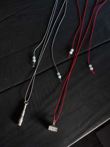 Accessories: Silver Box Stamp on Red Silk Necklace / Silver Kareidoscope on Grey Silk Necklace
