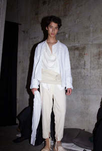 White linen deconstructed asymmetrical shirt with glass buttons